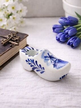 Vintage Delft Blue Mini Dutch Clog Shoe Hand Painted Holland Porcelain